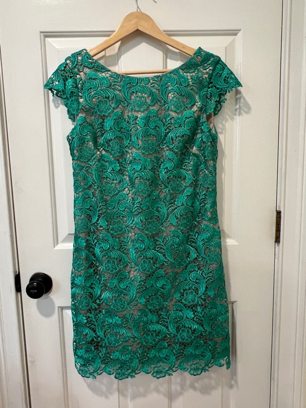 Eliza J Emerald Lace Cap-Sleeve Sheath Dress
